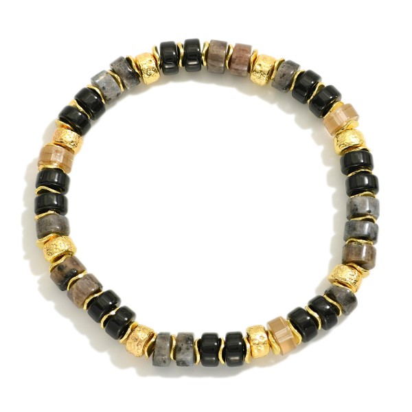 Semi Precious Stone Beaded Bracelet Featuring Metal Tone Accents 

- Approximately 3.5" D