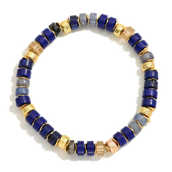 Semi Precious Stone Beaded Bracelet Featuring Metal Tone Accents 

- Approximately 3.5" D