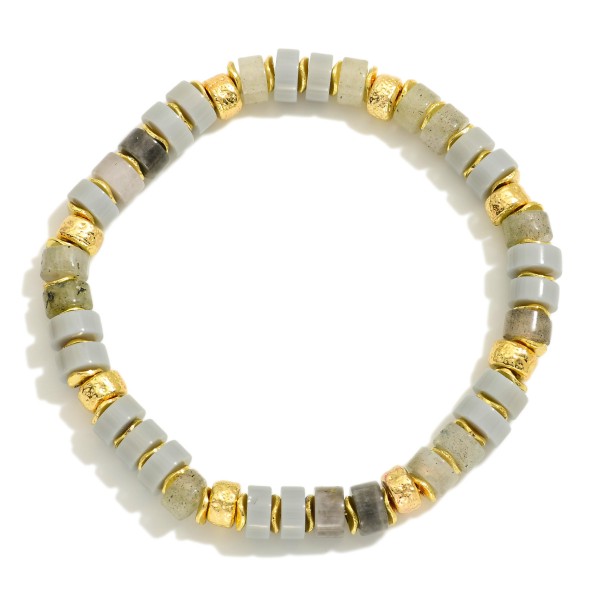 Semi Precious Stone Beaded Bracelet Featuring Metal Tone Accents 

- Approximately 3.5" D