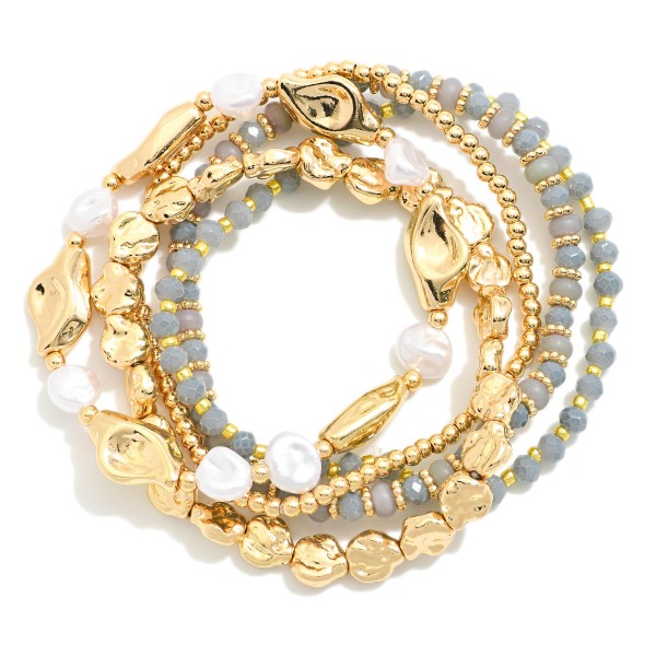 Set Of Five Beaded Stretch Bracelets Featuring Metal Tones, Pearls, & Faceted Beads 

- Approximately 3.5" D