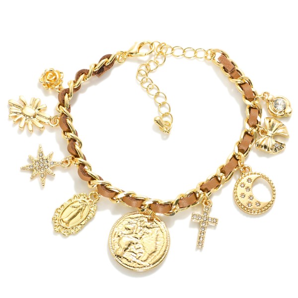 Chain Link Charm Bracelet Featuring Leather Band Detail 

- Approximately 3"D
- Extender 2" L