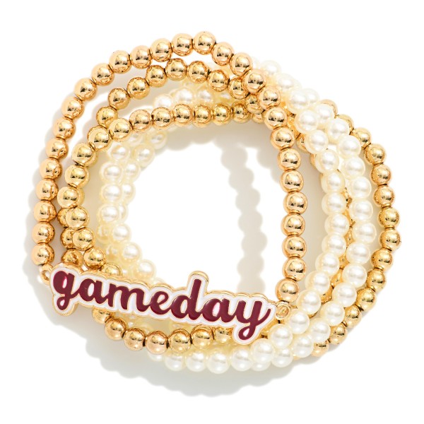 Set of Five Pearl & Metal Beaded Stretch Bracelets Featuring Enamel "Gameday" Charm 

- Approximately 2.5" D

