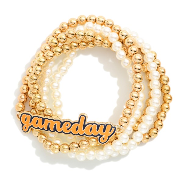 Set of Five Pearl & Metal Beaded Stretch Bracelets Featuring Enamel "Gameday" Charm 

- Approximately 2.5" D

