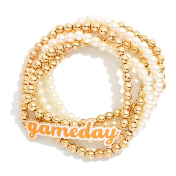 Set of Five Pearl & Metal Beaded Stretch Bracelets Featuring Enamel "Gameday" Charm 

- Approximately 2.5" D

