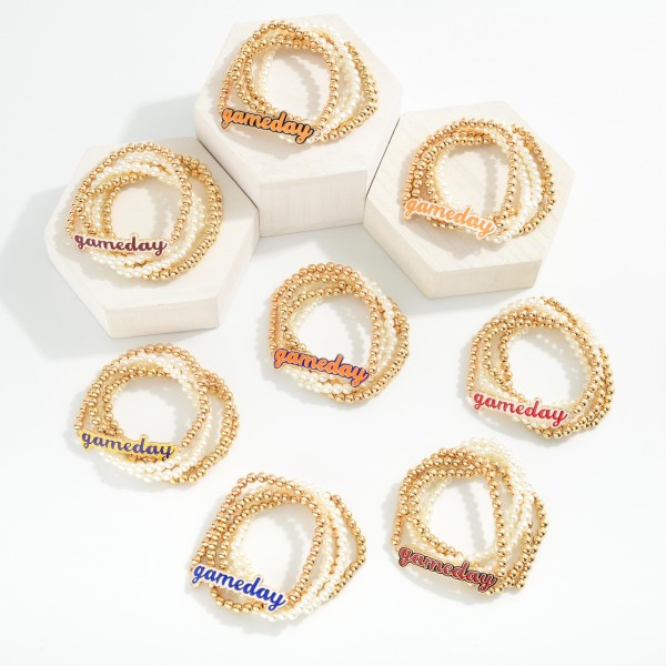 Set of Five Pearl & Metal Beaded Stretch Bracelets Featuring Enamel "Gameday" Charm 
- Approximately 2.5" D