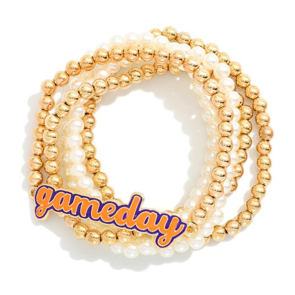 Wholesale set Five Pearl Metal Beaded Stretch Bracelets Enamel Gameday Charm D