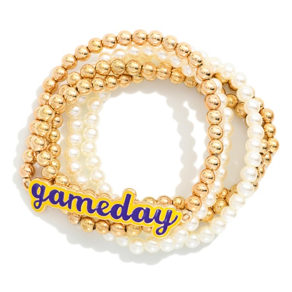 Set of Five Pearl & Metal Beaded Stretch Bracelets Featuring Enamel "Gameday" Charm 

- Approximately 2.5" D

