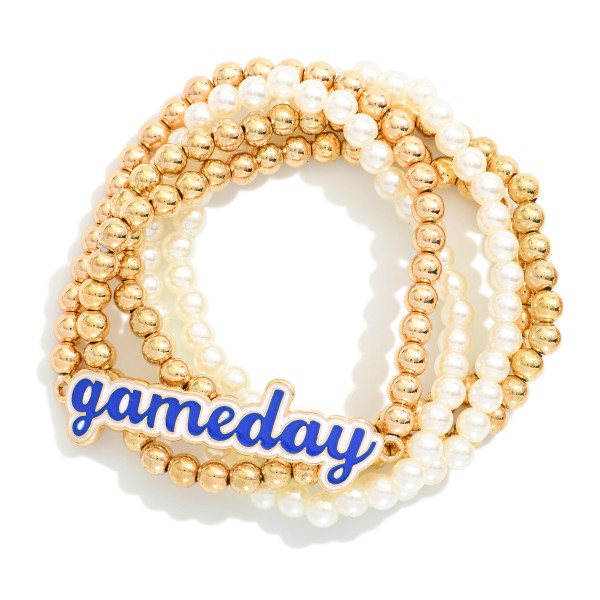 Set of Five Pearl & Metal Beaded Stretch Bracelets Featuring Enamel "Gameday" Charm 

- Approximately 2.5" D

