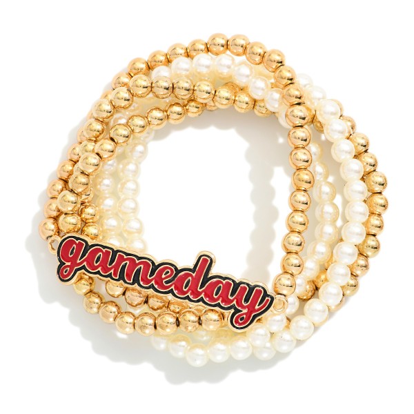 Set of Five Pearl & Metal Beaded Stretch Bracelets Featuring Enamel "Gameday" Charm 

- Approximately 2.5" D

