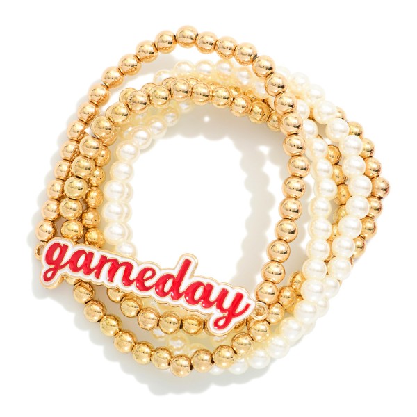 Set of Five Pearl & Metal Beaded Stretch Bracelets Featuring Enamel "Gameday" Charm 

- Approximately 2.5" D

