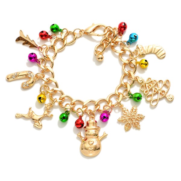 Chain Link Bracelet Featuring Metal Tone Christmas Charms & Jiggle Bells 

- Approximately 2.5" D