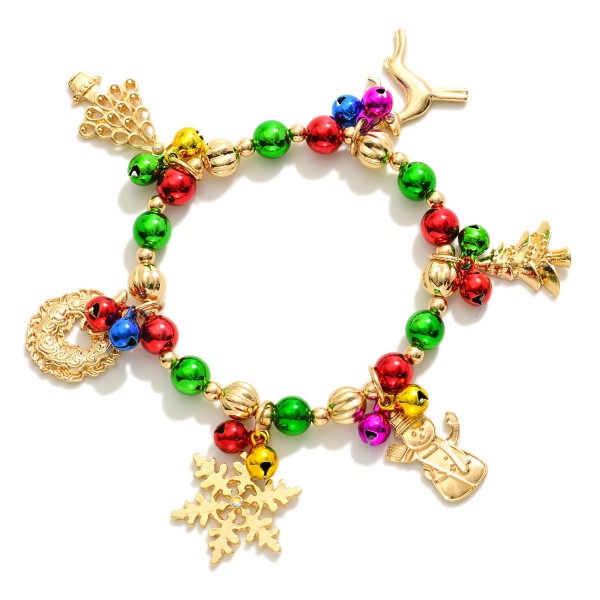 Beaded Christmas Charm Bracelet Featuring Metal Tone Charms & Jingle Bells 

- Approximately 2.5" D