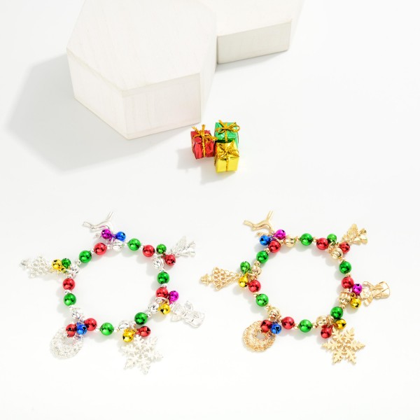 Beaded Christmas Charm Bracelet Featuring Metal Tone Charms & Jingle Bells 

- Approximately 2.5" D