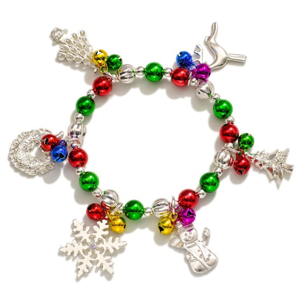 Beaded Christmas Charm Bracelet Featuring Metal Tone Charms & Jingle Bells 

- Approximately 2.5" D