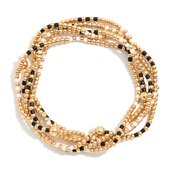 Set Of Five Game Day Beaded Stretch Bracelets Featuring Heishi Beads & Metal Tones 

- Approximately 2.5" D