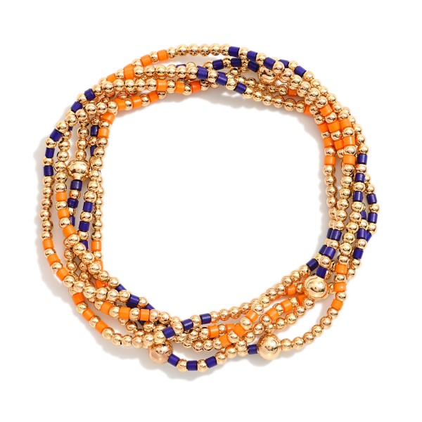 Set Of Five Game Day Beaded Stretch Bracelets Featuring Heishi Beads & Metal Tones 

- Approximately 2.5" D