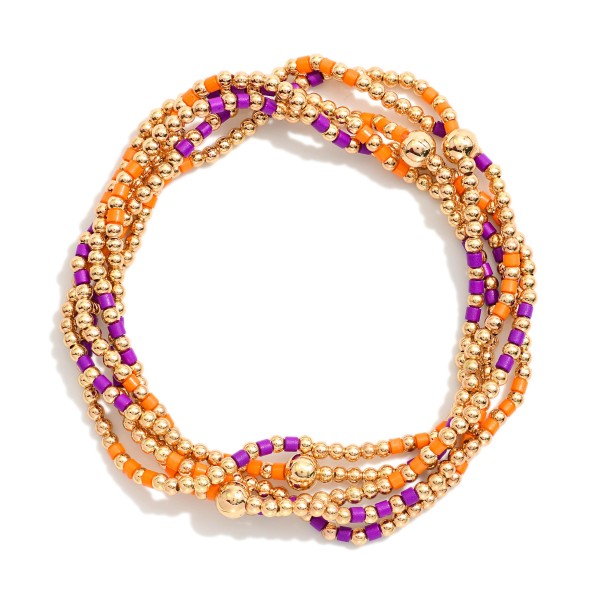 Set Of Five Game Day Beaded Stretch Bracelets Featuring Heishi Beads & Metal Tones 

- Approximately 2.5" D