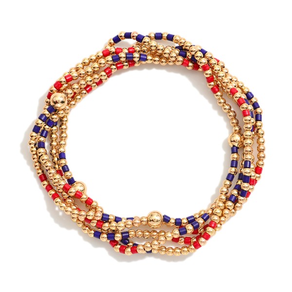 Set Of Five Game Day Beaded Stretch Bracelets Featuring Heishi Beads & Metal Tones 

- Approximately 2.5" D