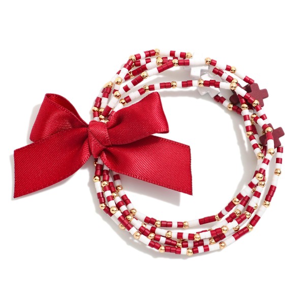 Set of Five Game Day Beaded Stretch Bracelets Featuring Ribbon Bow Detail And Criss Cross Bead Stations

- Approximately 2.5"