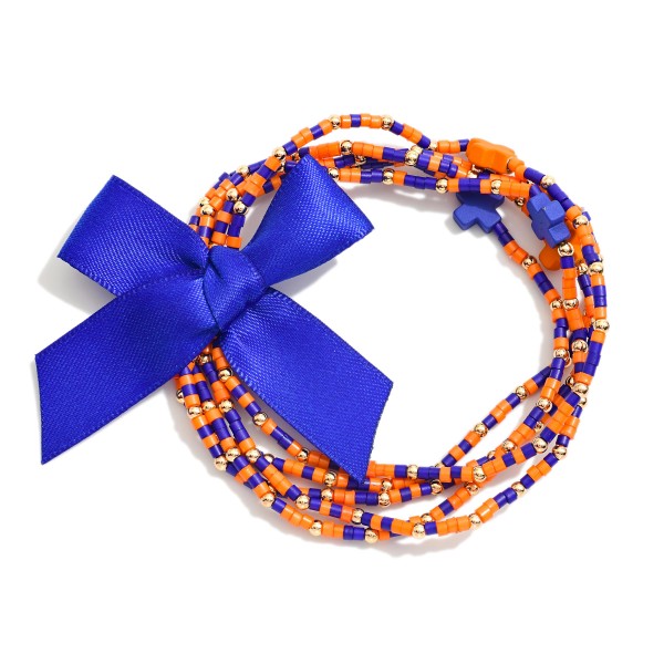Set of Five Game Day Beaded Stretch Bracelets Featuring Ribbon Bow Detail And Criss Cross Bead Stations

- Approximately 2.5"