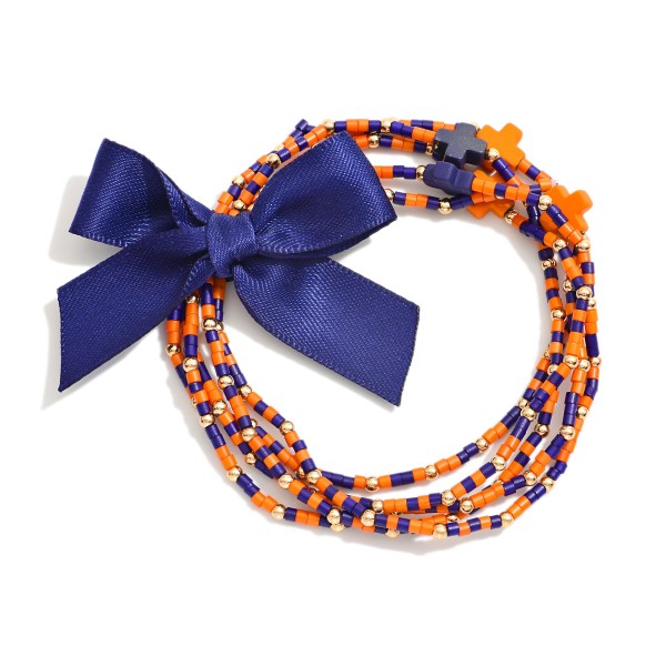 Set of Five Game Day Beaded Stretch Bracelets Featuring Ribbon Bow Detail And Criss Cross Bead Stations
- Approximately 2.5"