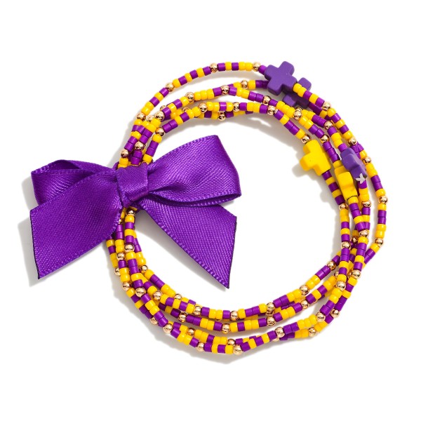 Set of Five Game Day Beaded Stretch Bracelets Featuring Ribbon Bow Detail And Criss Cross Bead Stations

- Approximately 2.5"