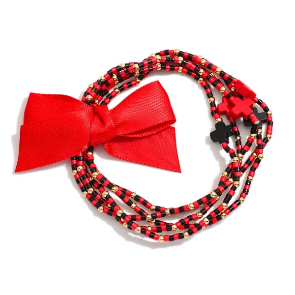Set of Five Game Day Beaded Stretch Bracelets Featuring Ribbon Bow Detail And Criss Cross Bead Stations

- Approximately 2.5"