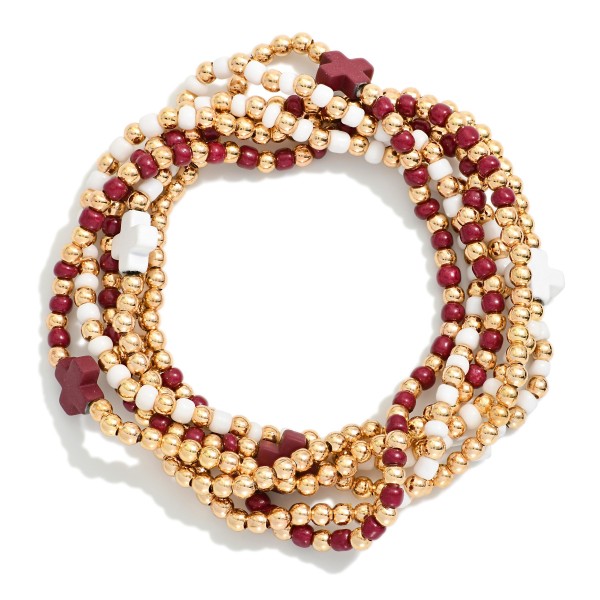 Set Of Six Beaded Stretch Bracelets Featuring Metal Tones & Plus Cross Beads 

- Approximately 2.5" D