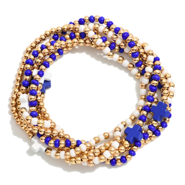 Set Of Six Beaded Stretch Bracelets Featuring Metal Tones & Plus Cross Beads 

- Approximately 2.5" D