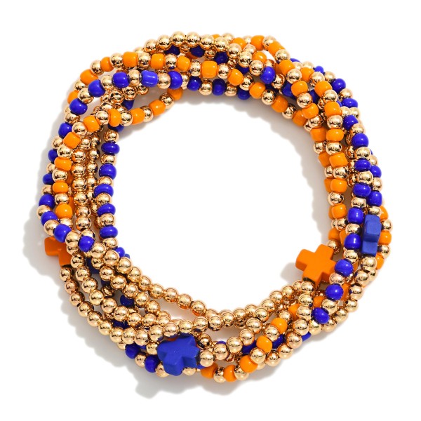 Set Of Six Beaded Stretch Bracelets Featuring Metal Tones & Plus Cross Beads 

- Approximately 2.5" D