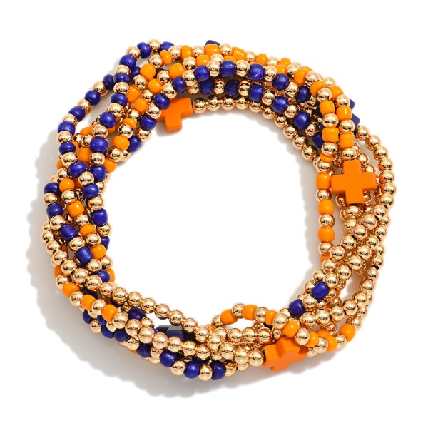 Set Of Six Beaded Stretch Bracelets Featuring Metal Tones & Plus Cross Beads 

- Approximately 2.5" D