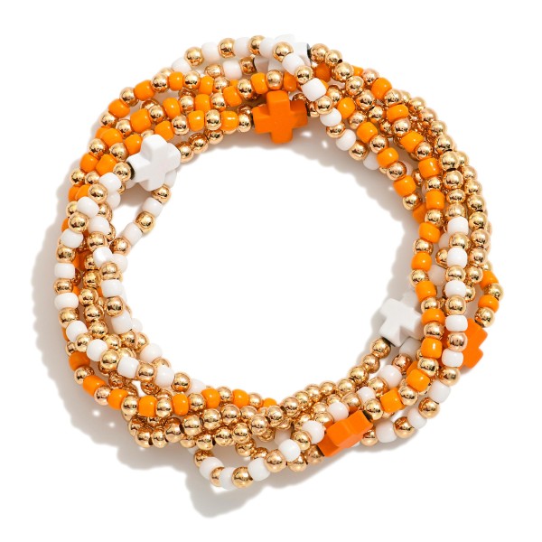 Set Of Six Beaded Stretch Bracelets Featuring Metal Tones & Plus Cross Beads 

- Approximately 2.5" D