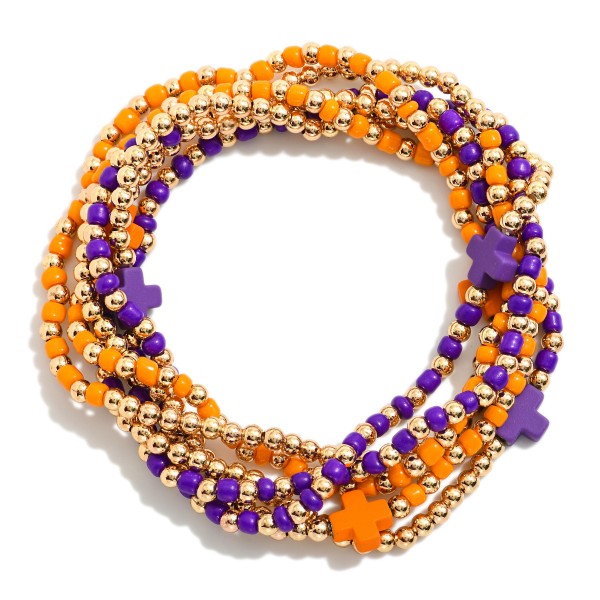 Set Of Six Beaded Stretch Bracelets Featuring Metal Tones & Plus Cross Beads 

- Approximately 2.5" D