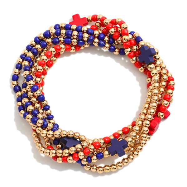Set Of Six Beaded Stretch Bracelets Featuring Metal Tones & Plus Cross Beads 

- Approximately 2.5" D