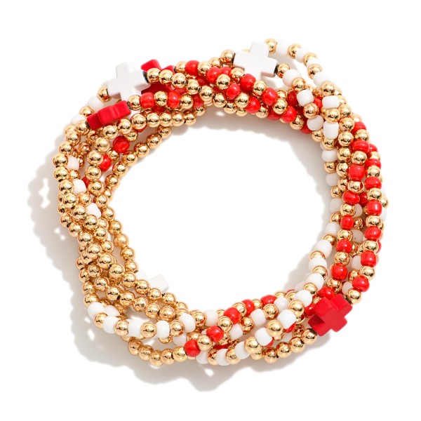 Set Of Six Beaded Stretch Bracelets Featuring Metal Tones & Plus Cross Beads 

- Approximately 2.5" D