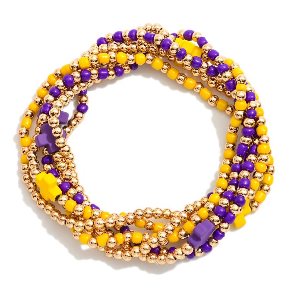 Set Of Six Beaded Stretch Bracelets Featuring Metal Tones & Plus Cross Beads 

- Approximately 2.5" D