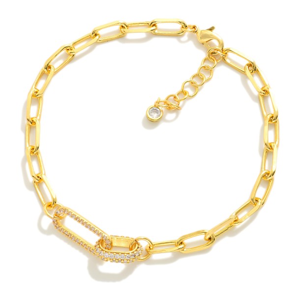 Paperclip Chain Link Bracelet Featuring Rhinestone Studded Links 

- Gold Dipped 
- Approximately 3" D
- Extender 1" L 