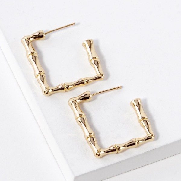 Metal Tone Bamboo Square Hoop Earrings 

- Gold Dipped 
- Approximately .75" D