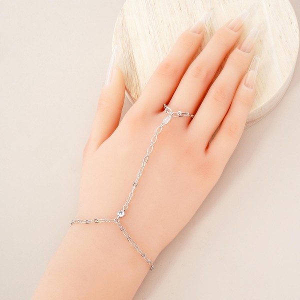 Chain Link Hand Chain Bracelet Featuring Glass Crystal & Rhinestone Details 

- Gold Dipped 
- Approximately 3" D
