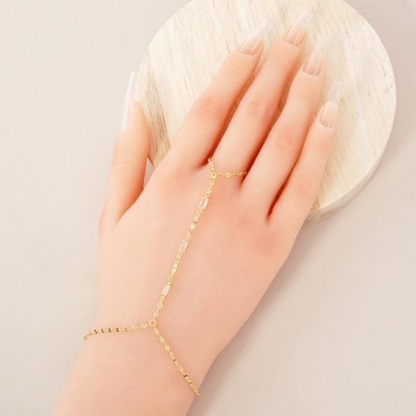 Chain Link Hand Chain Bracelet Featuring Glass Crystal Stations 

- Gold Dipped 
- Approximately 3" D
