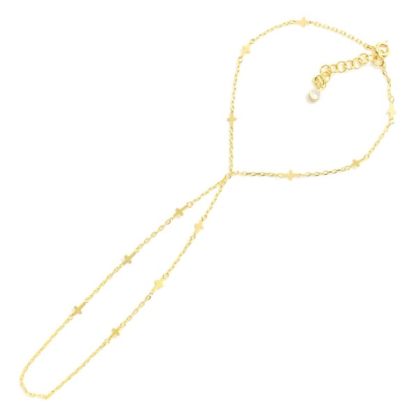 Chain Link Hand Chain Bracelet Featuring Metal Tone Cross Stations 

 - Gold Dipped 
- Approximately 3" D
- Extender 2" L