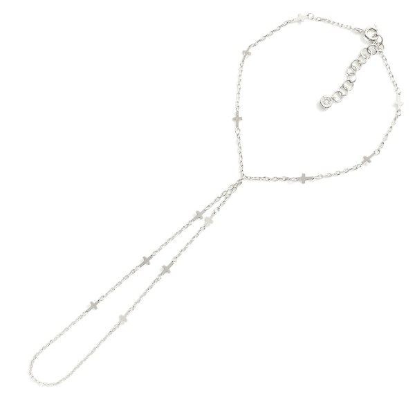 Chain Link Hand Chain Bracelet Featuring Metal Tone Cross Stations 

 - Gold Dipped 
- Approximately 3" D
- Extender 2" L