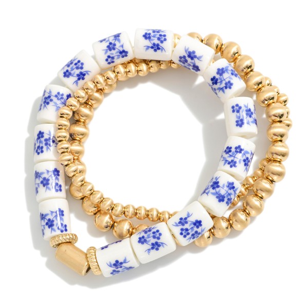 Set Of Three Beaded Stretch Bracelets Featuring Brushed Metal & Chinoiserie Beads 

- Approximately 2" L