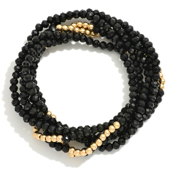 Set Of Six Faceted Bead & Metal Tone Beaded Stretch Bracelets 

- Approximately 3" D