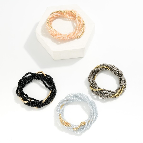 Set Of Six Faceted Bead & Metal Tone Beaded Stretch Bracelets 

- Approximately 3" D