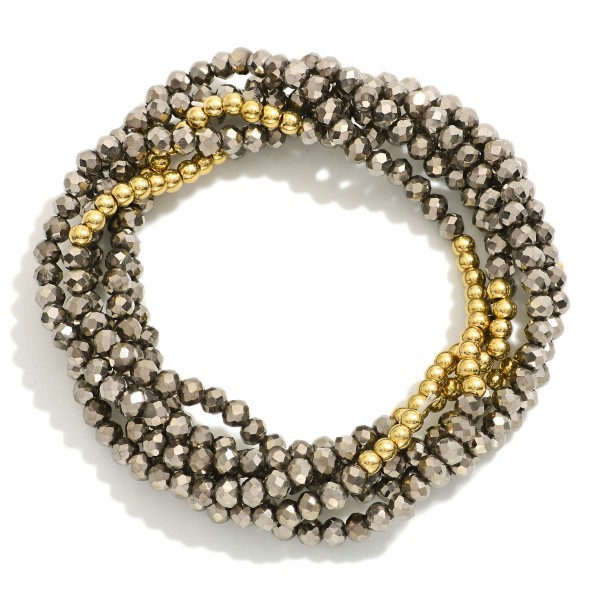 Set Of Six Faceted Bead & Metal Tone Beaded Stretch Bracelets 

- Approximately 3" D