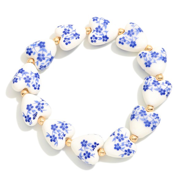 Porcelain Chinoiserie Hearts Beaded Stretch Bracelet 

- Approximately 2.5" D