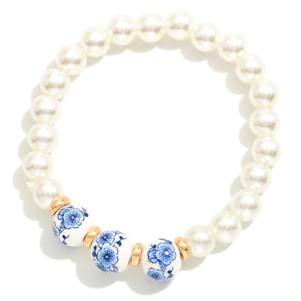 Pearl Beaded Stretch Bracelet Featuring Chinoiserie Bead Details 

- Approximately 2.5" D