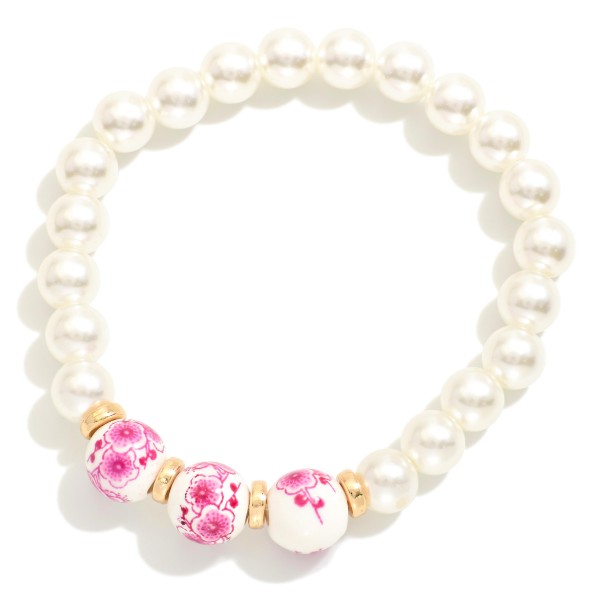 Pearl Beaded Stretch Bracelet Featuring Chinoiserie Bead Details 

- Approximately 2.5" D