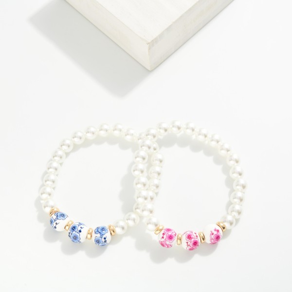 Pearl Beaded Stretch Bracelet Featuring Chinoiserie Bead Details 

- Approximately 2.5" D